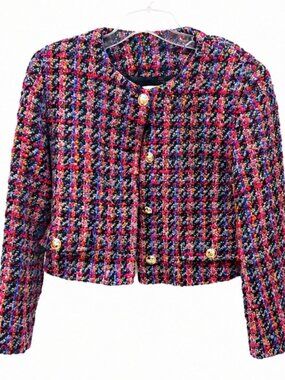 Sandro Paris Multicolor Tweed Jacket Pink Orange Blue Size 34 FR US 2 XS